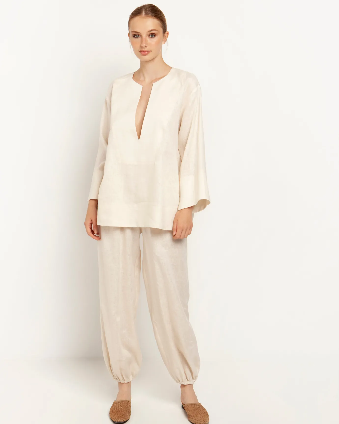 Beige Cargo Linen Trousers