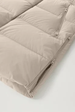 Beige Long Down Parka in Stretch Nylon with Detachable Hood