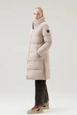 Beige Long Down Parka in Stretch Nylon with Detachable Hood