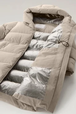 Beige Long Down Parka in Stretch Nylon with Detachable Hood