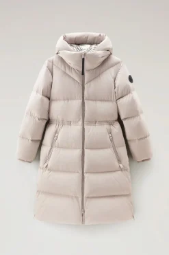 Beige Long Down Parka in Stretch Nylon with Detachable Hood