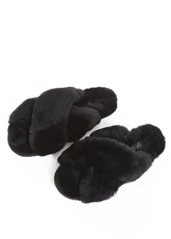 Black Criss Cross Luxury Sheepskin Slippers