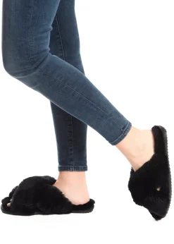 Black Criss Cross Luxury Sheepskin Slippers