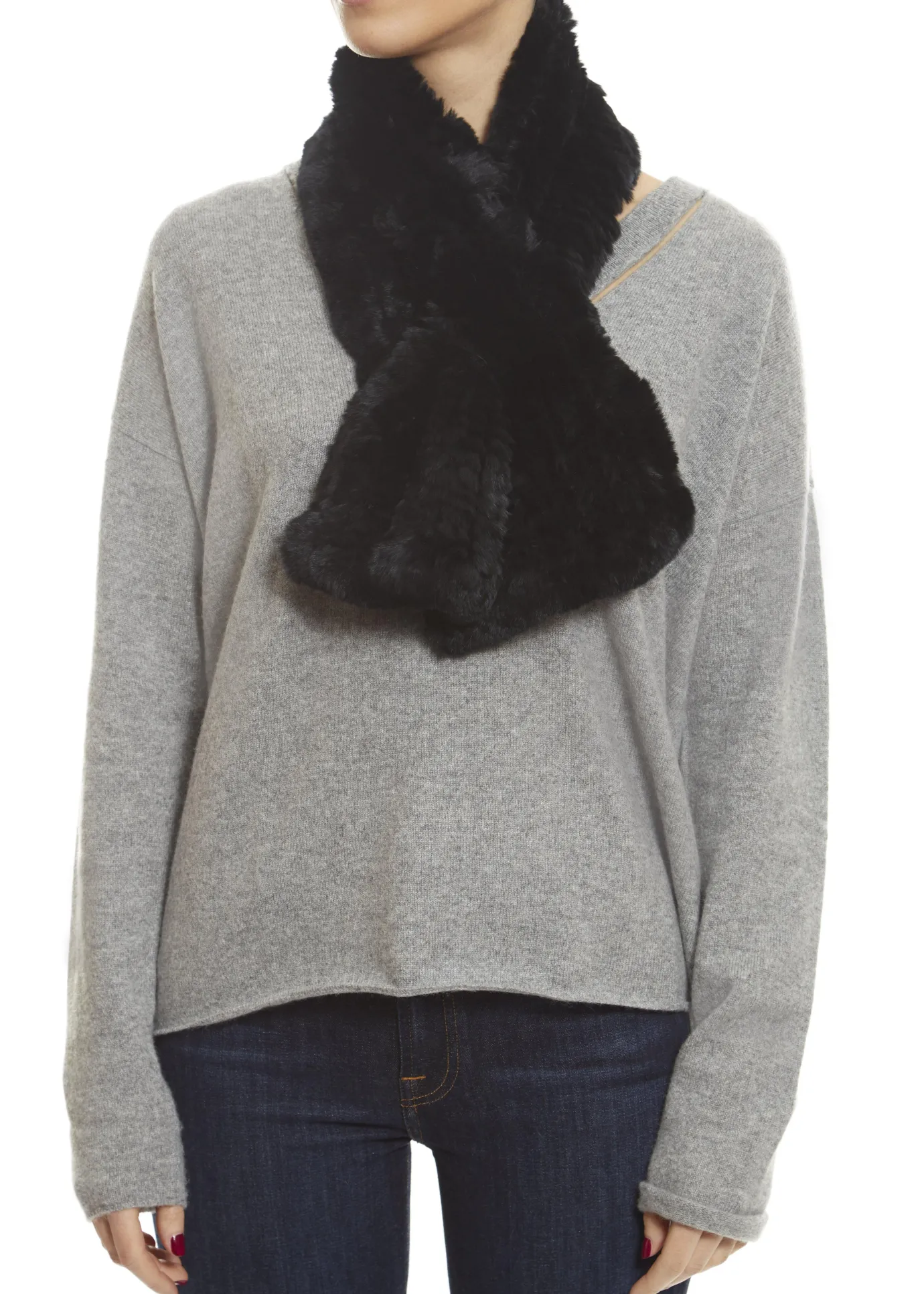 Black Knitted Rex Rabbit 'Loop' Luxury Fur Scarf