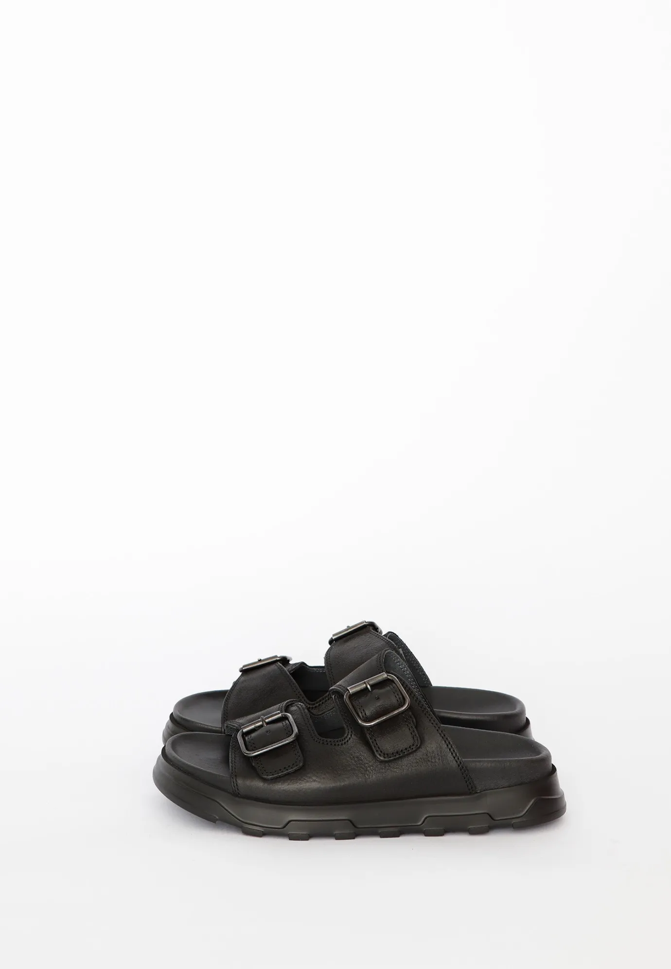 Black Leather Buckle Slider Sandals