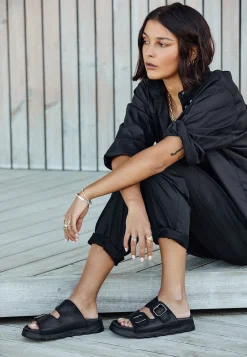 Black Leather Buckle Slider Sandals