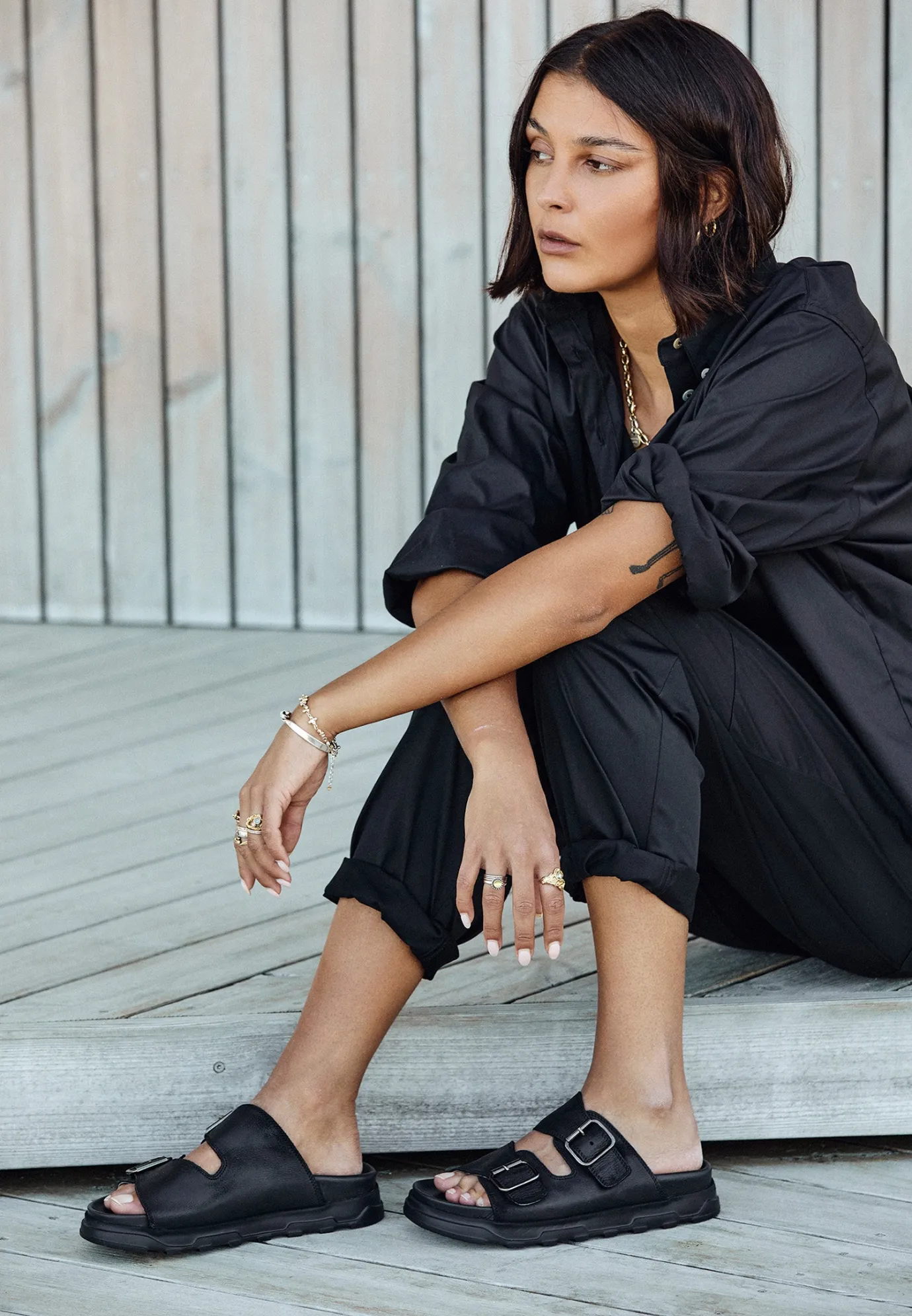 Black Leather Buckle Slider Sandals