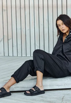 Black Leather Buckle Slider Sandals