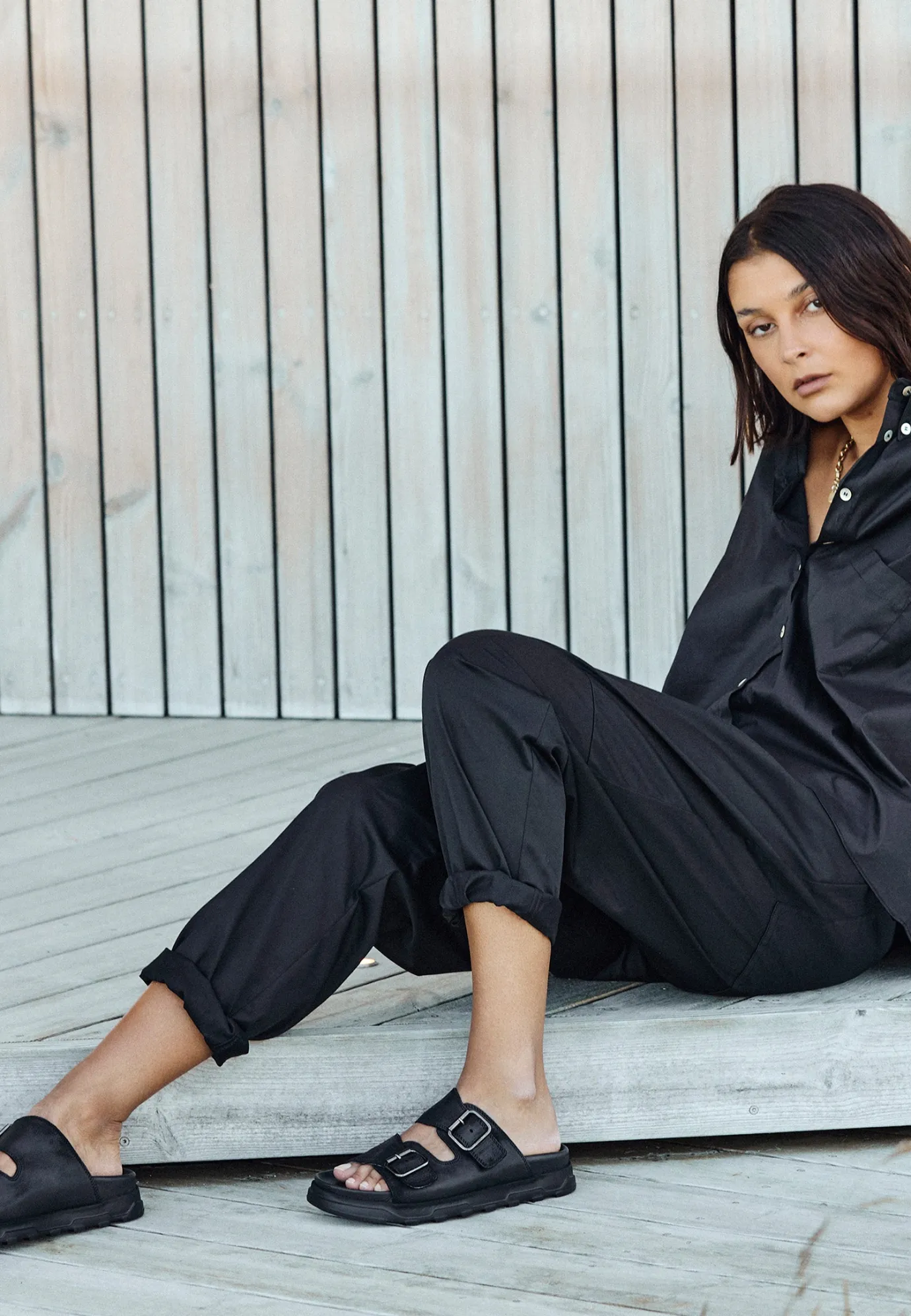 Black Leather Buckle Slider Sandals