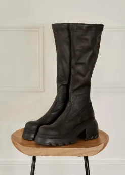 Black Stretch Leather Knee High Boots