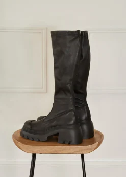 Black Stretch Leather Knee High Boots