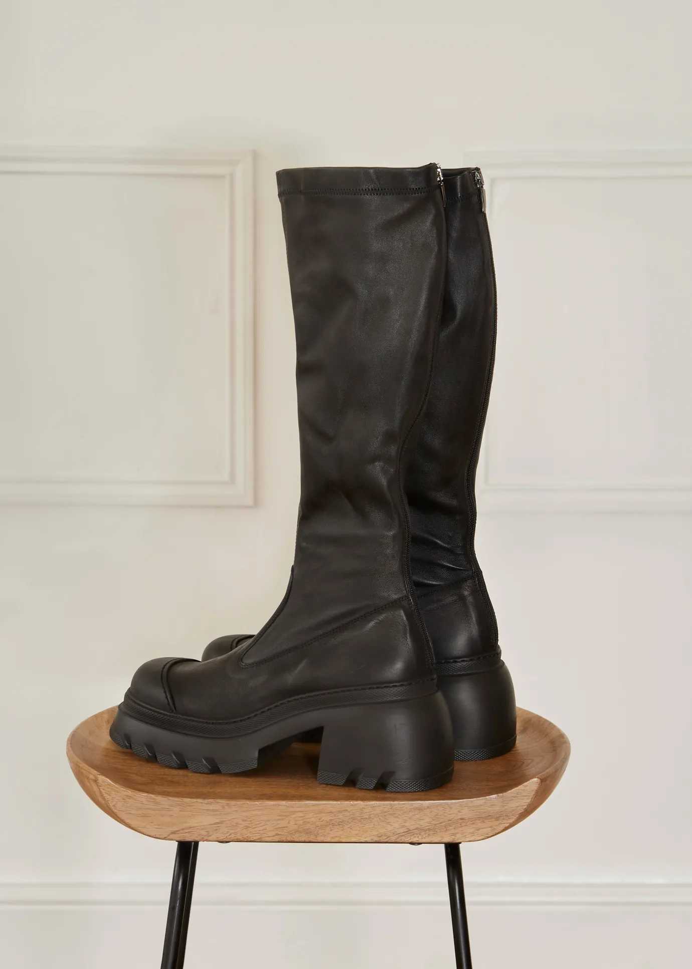 Black Stretch Leather Knee High Boots