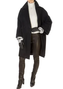 Black Wool Double Breasted Coat With Mink Trim