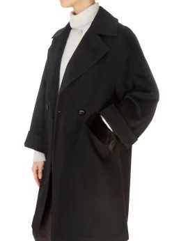 Black Wool Double Breasted Coat With Mink Trim