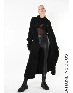Cable Knit Black Long Cardigan Coat