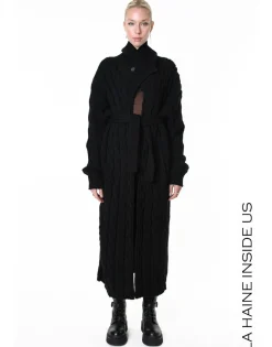 Cable Knit Black Long Cardigan Coat