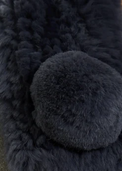 Dark Blue Bobble Knitted Rabbit Luxury Fur Scarf