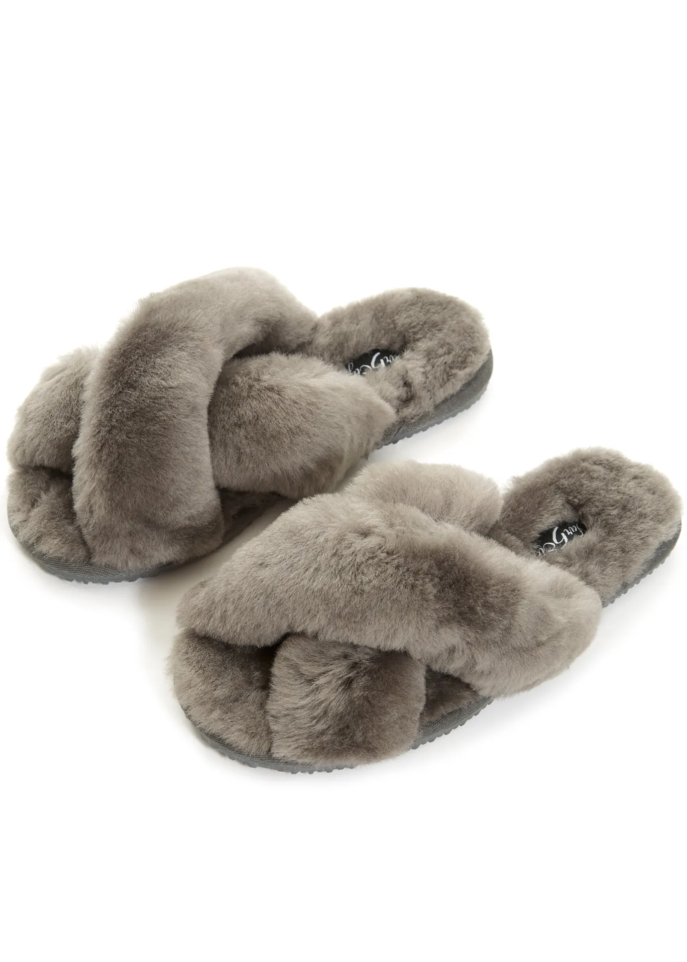 Dark Grey Deep Criss Cross Sheepskin Slippers