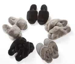 Dark Grey Deep Criss Cross Sheepskin Slippers