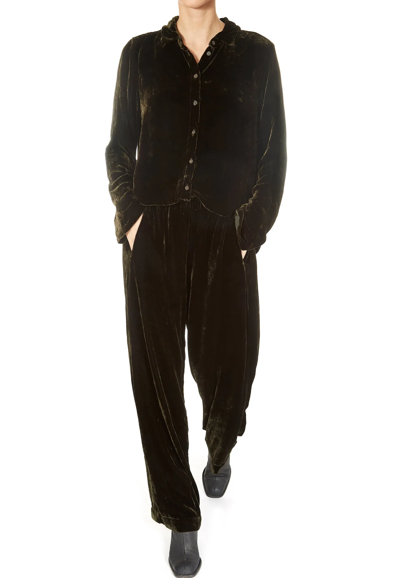 'Dennie' Green Silk Velvet Trousers