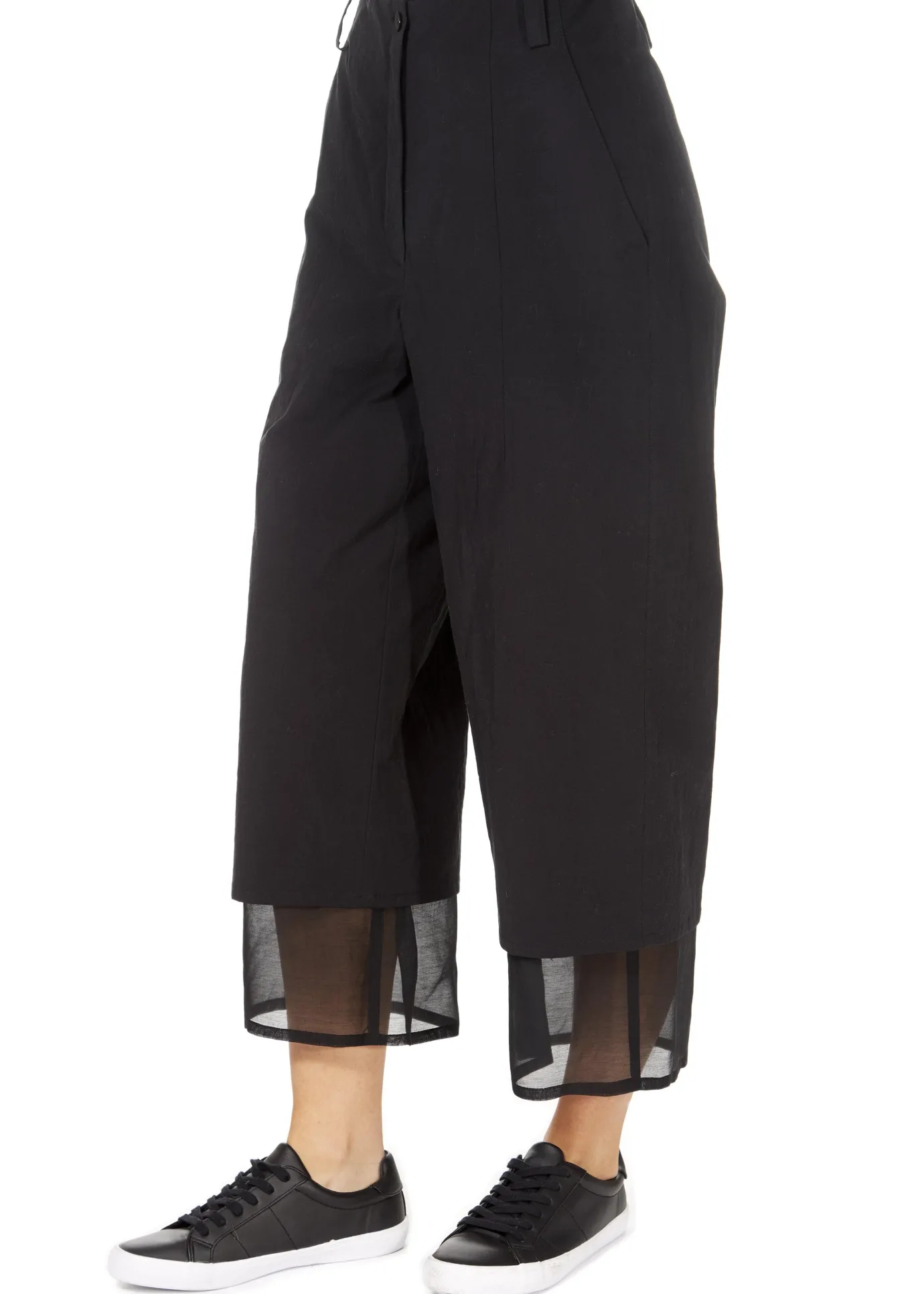 'Even' Cropped Black Chiffon Hem Wide Leg Trousers