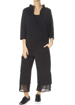 'Even' Cropped Black Chiffon Hem Wide Leg Trousers