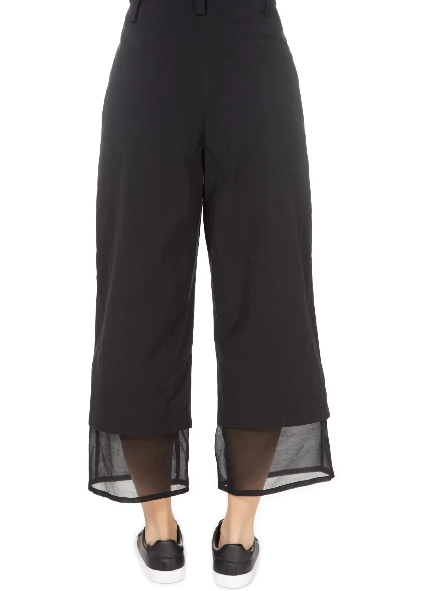 'Even' Cropped Black Chiffon Hem Wide Leg Trousers