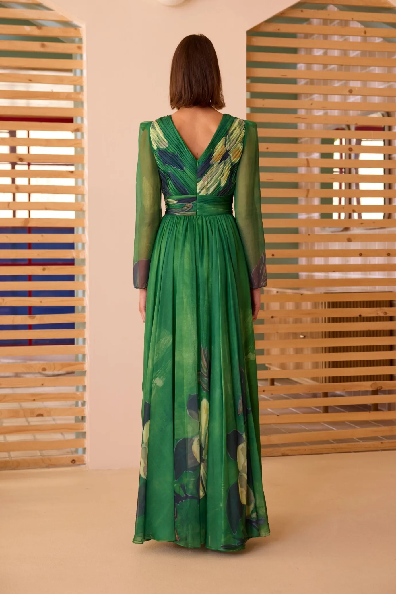 Green Printed Pleated Evening Dress