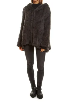 Grey Knitted Real Rex Rabbit Fur Fluted Hoodie