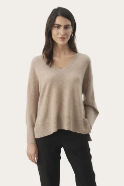 Hellin Light Camel Melange V Neck Cashmere Sweater