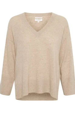 Hellin Light Camel Melange V Neck Cashmere Sweater