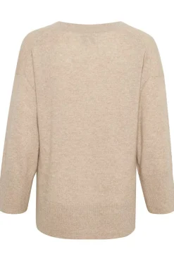 Hellin Light Camel Melange V Neck Cashmere Sweater