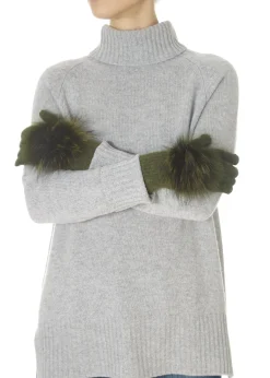 Khaki Green Fur Pom Gloves
