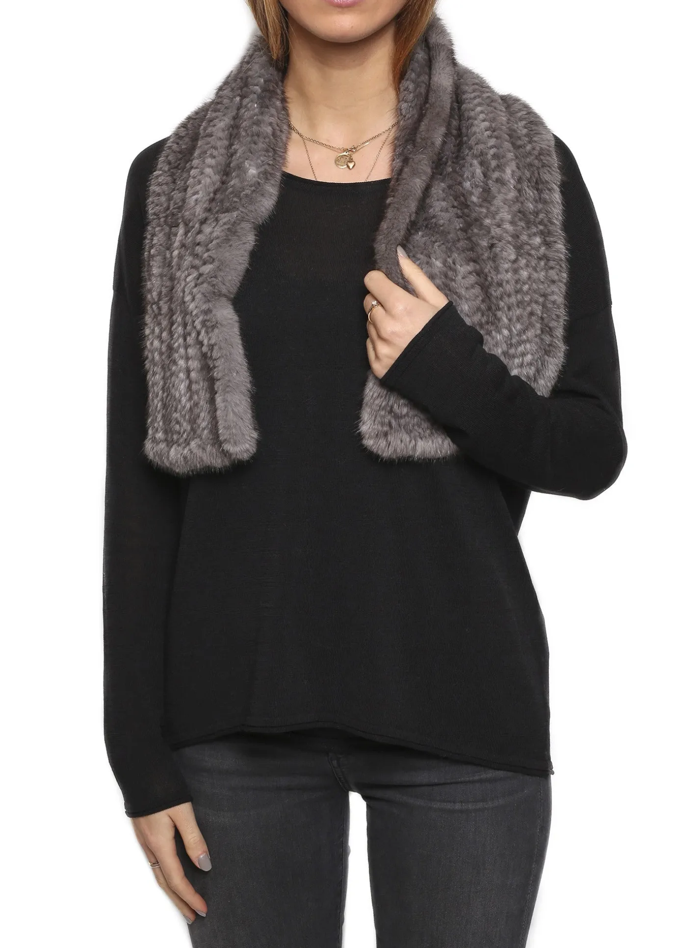 Knitted Grey Slit Mink Luxury Fur Scarf