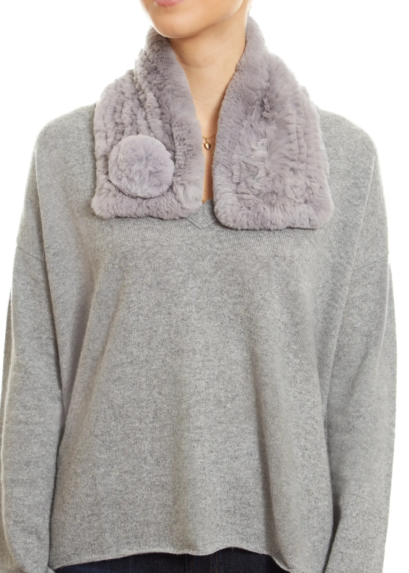 Light Grey Bobble Knitted Rabbit Luxury Fur Scarf