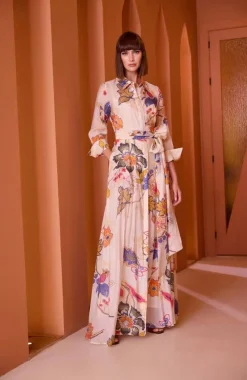 Long Cream Printed Shirt Dress