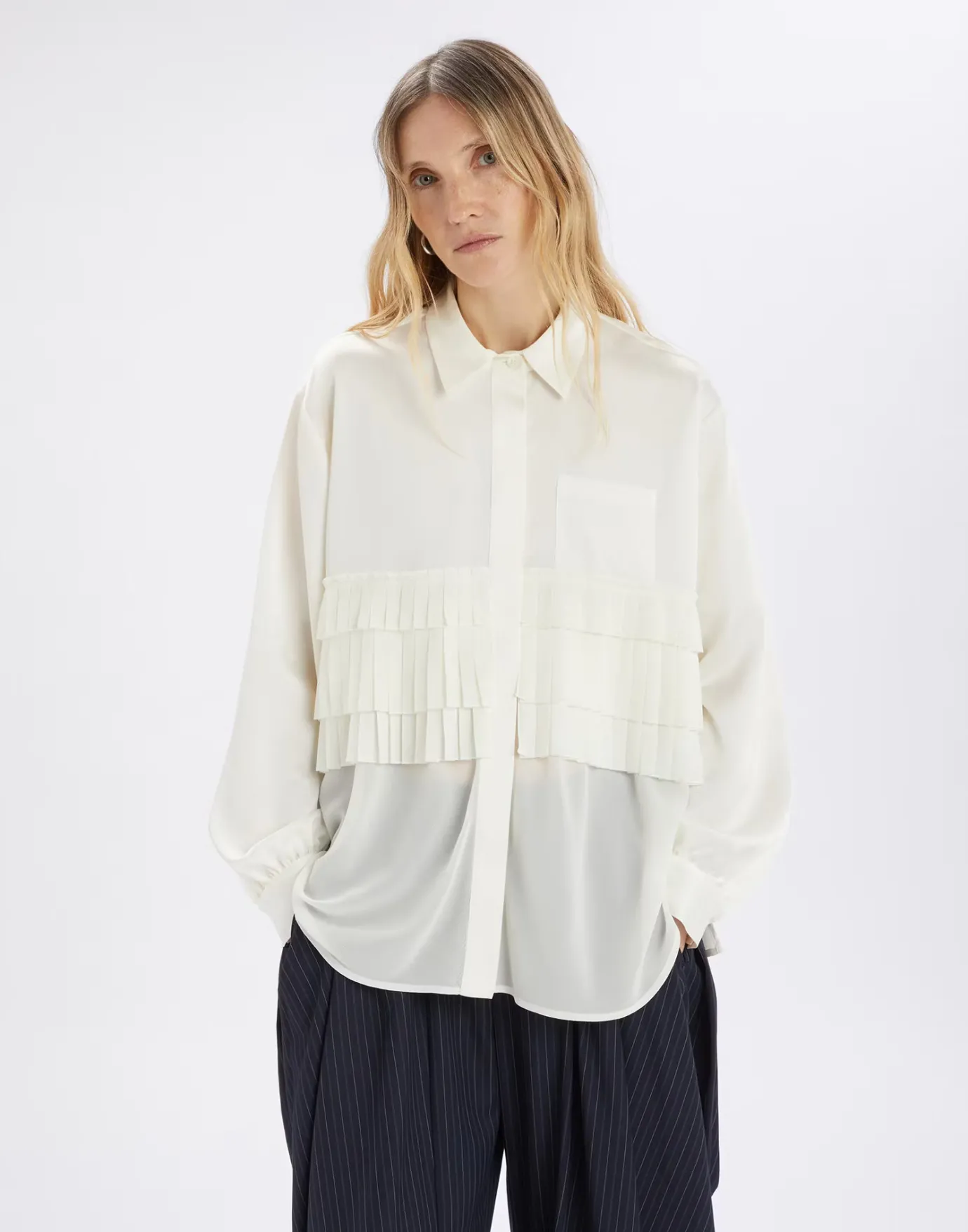 Meryl White Pleated Ruffled Shirt