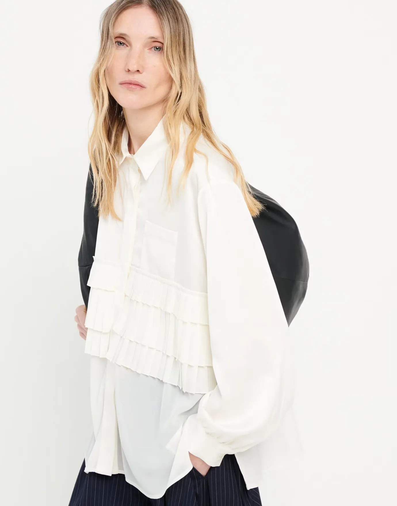 Meryl White Pleated Ruffled Shirt