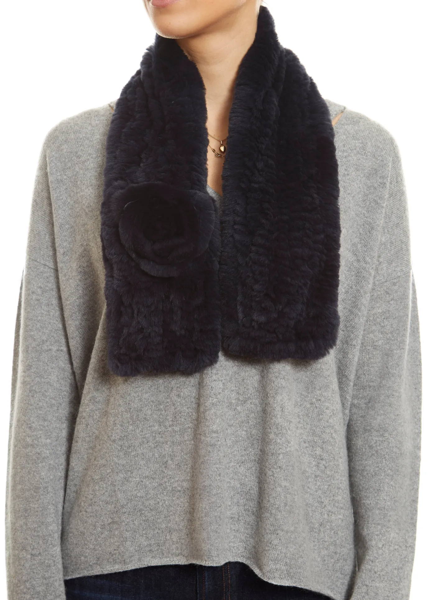 Navy Real Rex Rabbit Fur Rose Scarf