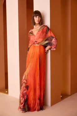 Orange Print Pleated Evening Dress