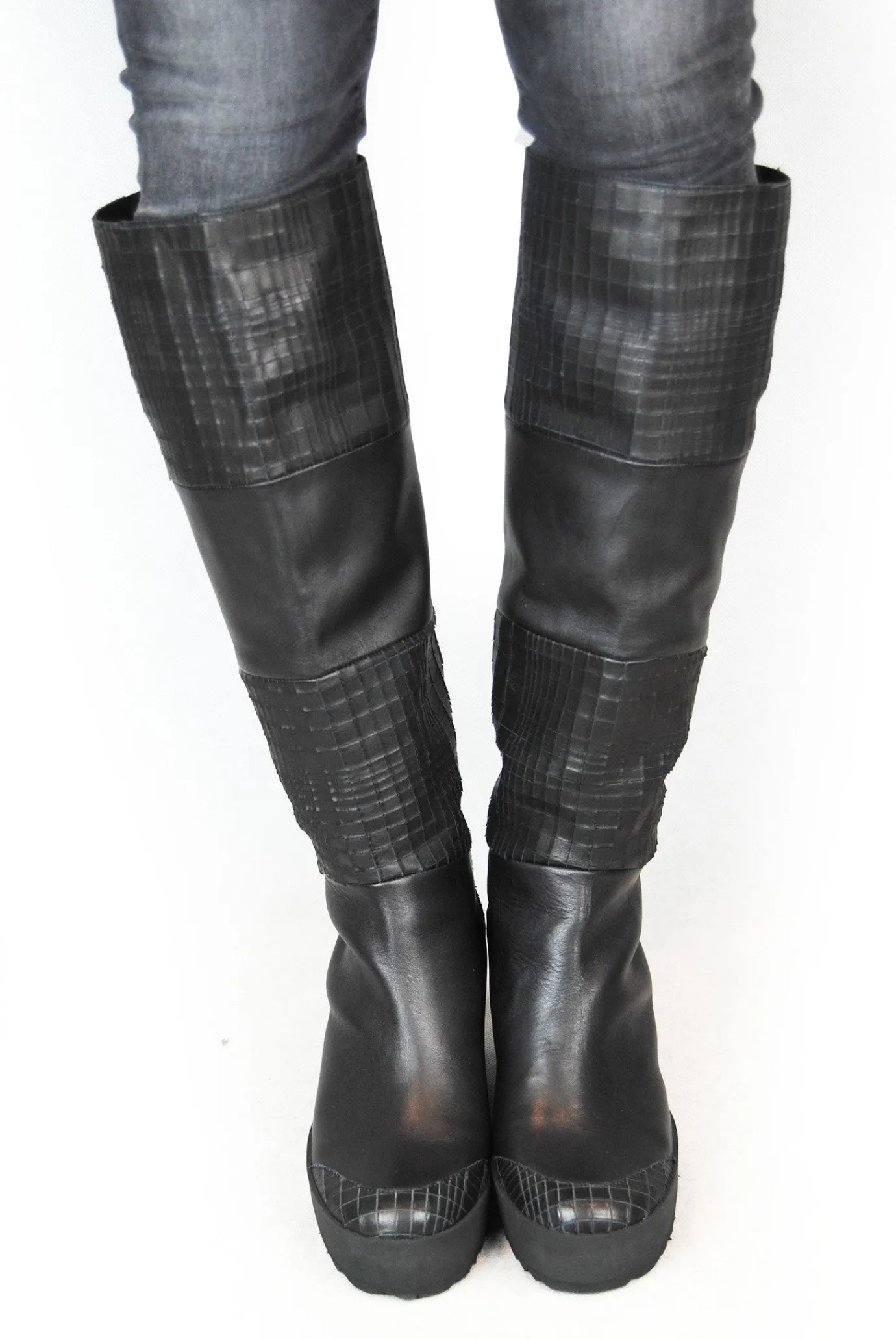 Puro Mixed Up Black Wedge Long Knee High Boot