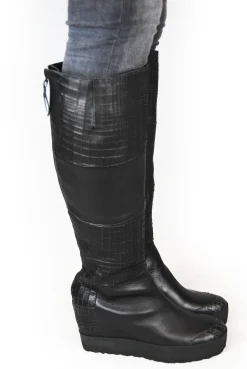 Puro Mixed Up Black Wedge Long Knee High Boot