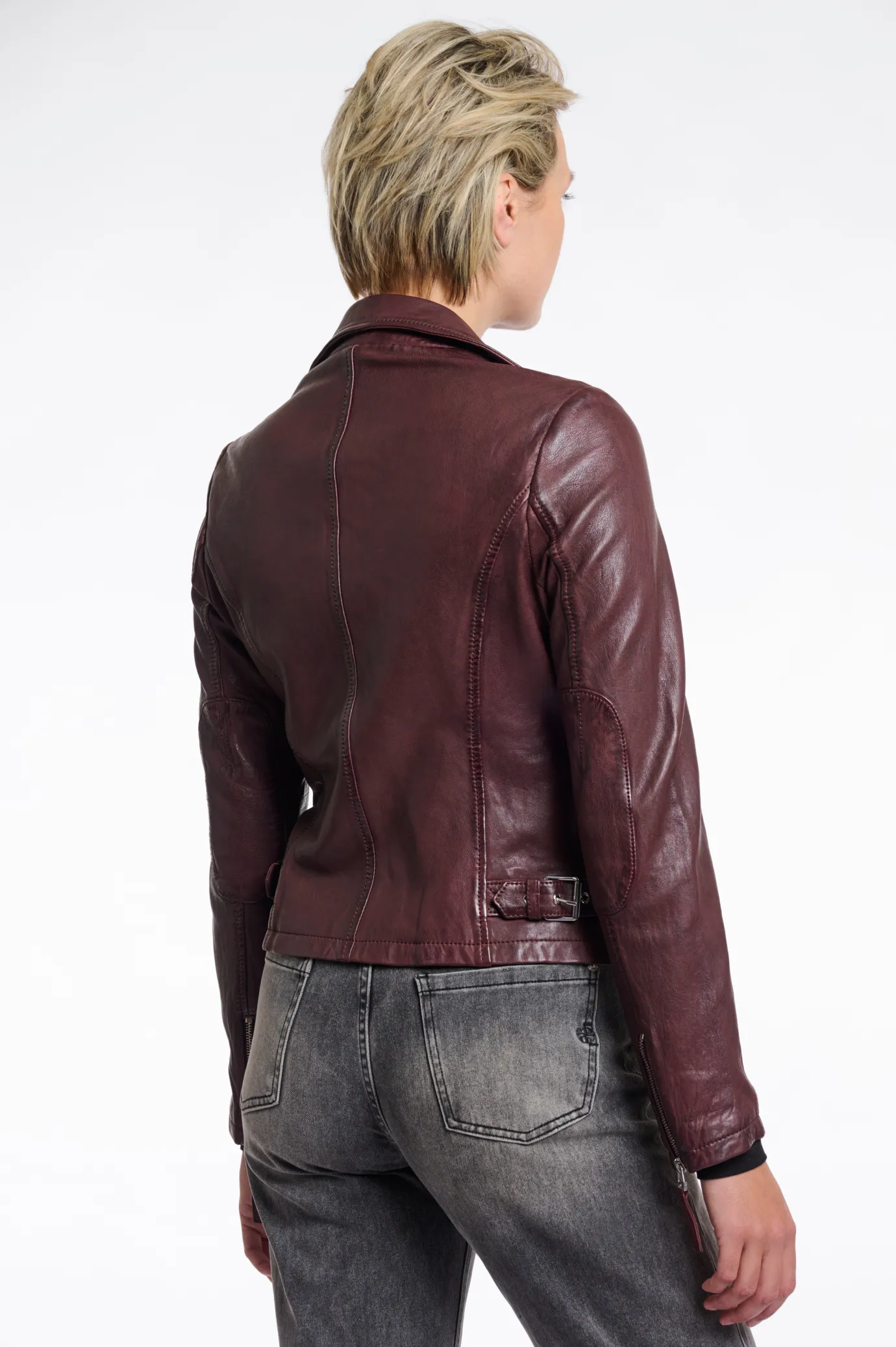 Renee Leather Biker Jacket in Chocolate Bean Burgundy