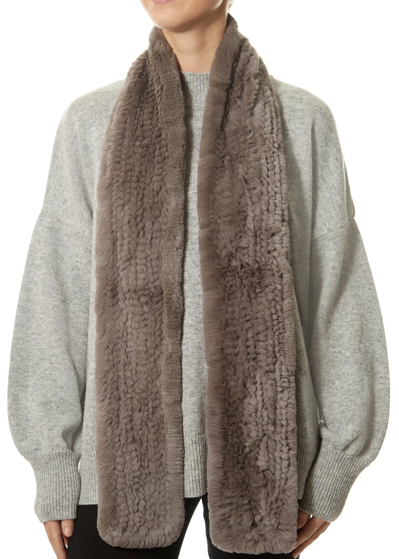 Taupe Grey 'Open' Real Rex Rabbit Fur Scarf